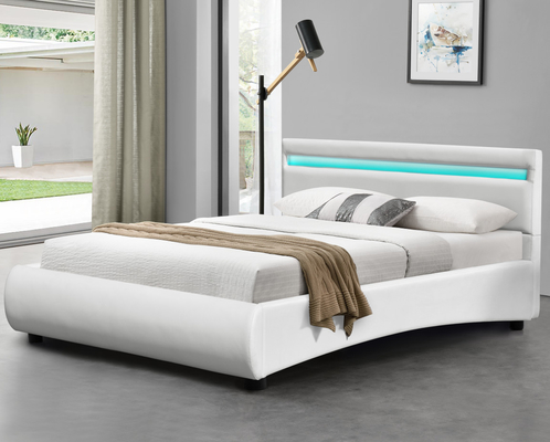Design moderne de lit rembourré en similicuir blanc avec tête de lit à LED
