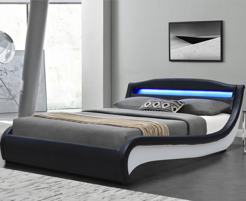 Double lit tapissé noir/blanc de plate-forme en cuir de lit avec la lumière de LED
