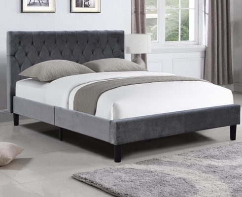 Tissu de velours gris foncé tapissé cadre de lit taille reine avec boutons sur la tête