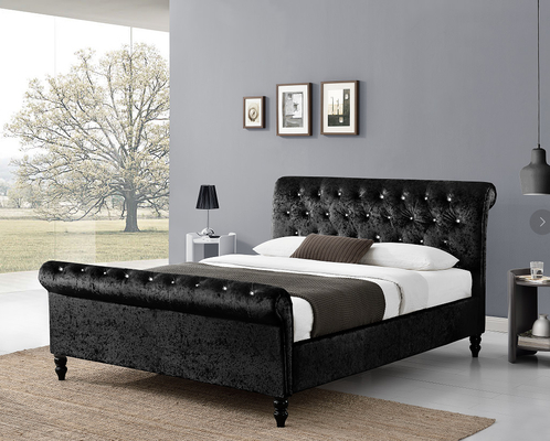 Cadre noir tapissé de lit de Sleigh de contreplaqué avec la tête de lit/pied de lit de boutons de Dimond