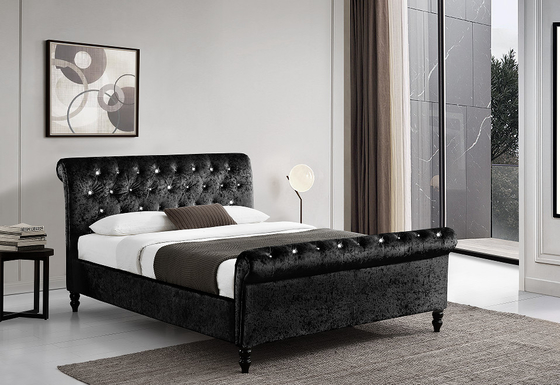 Cadre noir tapissé de lit de Sleigh de contreplaqué avec la tête de lit/pied de lit de boutons de Dimond