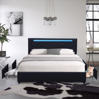 Tiroir en cuir tapissé par Reine en métal quatre de Faux de noir de cadre de lit de plate-forme avec la lumière de LED