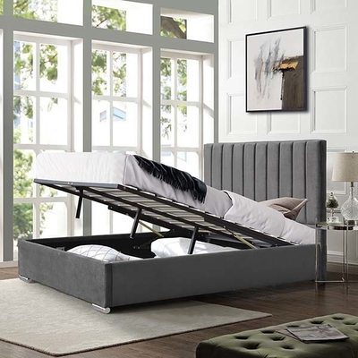 Cuir de Faux de lit de stockage de Grey Velvet Ottoman Gas Lift avec la haute tête de lit