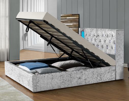 Velours argenté confortable d'écrasement de lit de stockage d'ascenseur à gaz de tissu avec la tête de lit de lumière de LED