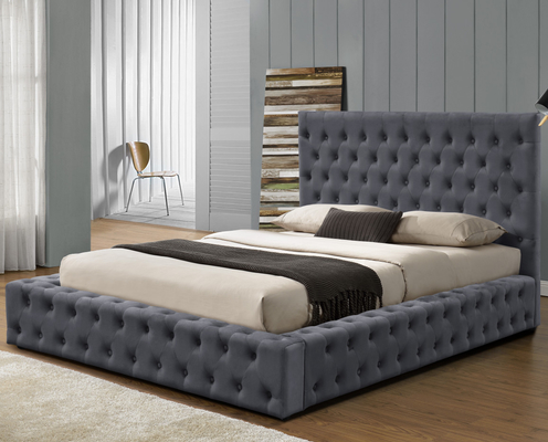 Cadre de lit ottoman en tissu gris rembourré avec tête de lit à boutons