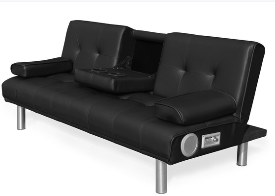 Canapé-lit pliable à trois places en similicuir avec porte-gobelet et haut-parleur Bluetooth