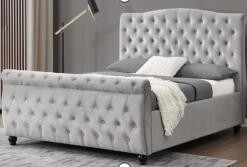 Lit bateau en velours gris doux Queen Tête de lit haute confortable