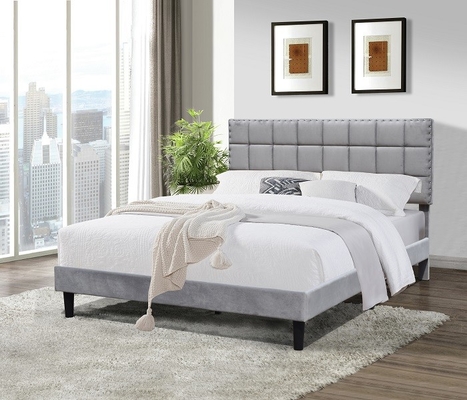 Tête de lit de cadre de lit de Grey Fabric King Size Upholstered haute avec la petite boule en métal