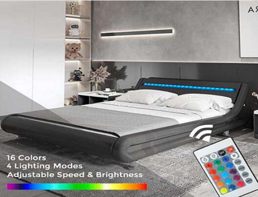 Double lit de plate-forme tapissé noir de tissu de linge de lit avec la lumière de LED