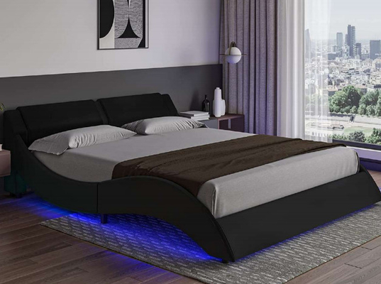 Forme de courbe de cadre de lit tapissée par tissu moderne de Comfortble avec la tête de lit de LED