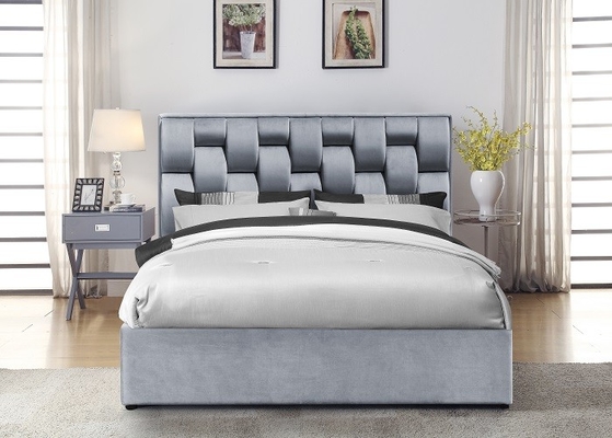 Cadre de lit de rangement en tissu de velours gris avec tête de lit haute et touffue