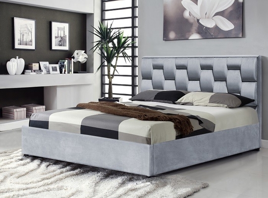 Cadre de lit de rangement en tissu de velours gris avec tête de lit haute et touffue