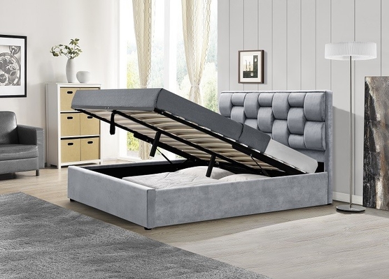 Cadre de lit de rangement en tissu de velours gris avec tête de lit haute et touffue