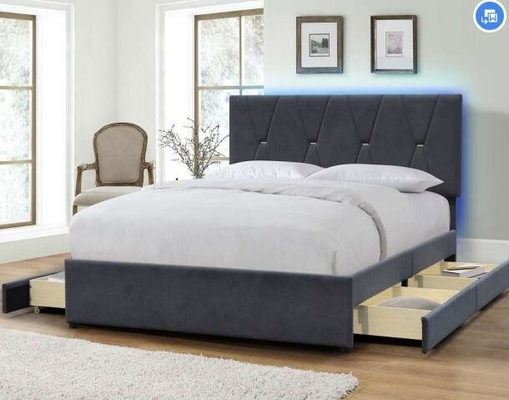Tête de lit de vue de lit de Grey Velvet King Size Upholstered haute avec des tiroirs