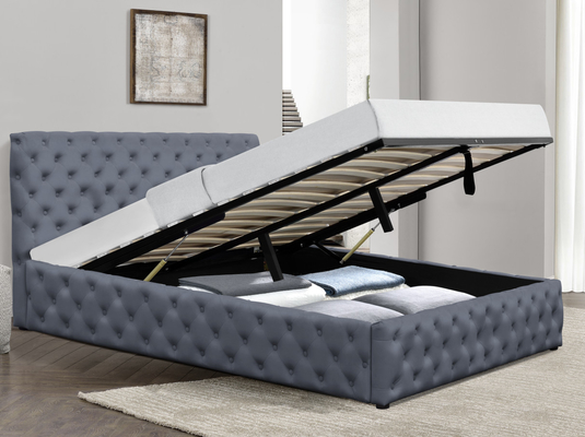 Le Roi léger Size Upholstered Tufted de lit de Grey Velvet Gas Lift Storage se boutonne