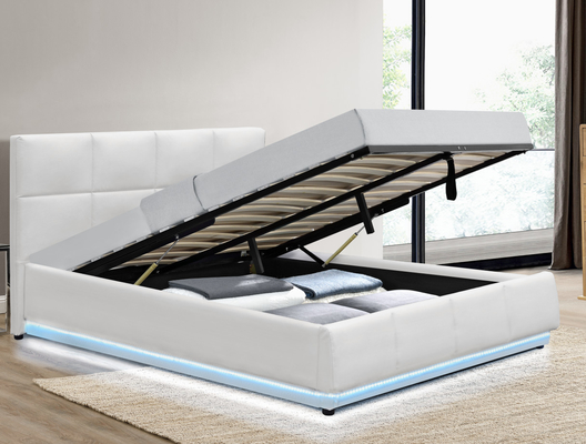 Taille optionnelle Blanc faux cuir Ascenseur à gaz Lit rembourrée Cadre rembourrée Avec rangement et LED