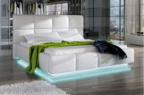 Taille optionnelle Blanc faux cuir Ascenseur à gaz Lit rembourrée Cadre rembourrée Avec rangement et LED