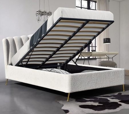 Lit de stockage en tissu en boucle blanche avec quatre pieds en métal