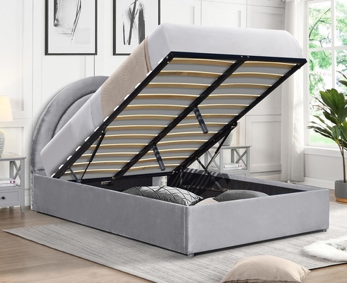 Lit de stockage orienté vers les détails, élévateur de gaz, forme incurvée, tête de lit arc-en-ciel, tissu gris