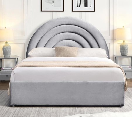 Lit de stockage orienté vers les détails, élévateur de gaz, forme incurvée, tête de lit arc-en-ciel, tissu gris