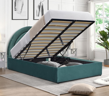 Lit de stockage orienté vers les détails, élévateur de gaz, forme incurvée, tête de lit arc-en-ciel, tissu gris