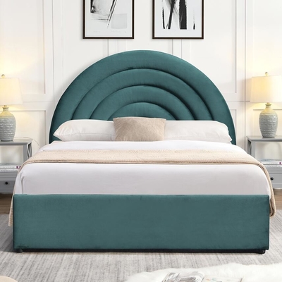 Lit de stockage orienté vers les détails, élévateur de gaz, forme incurvée, tête de lit arc-en-ciel, tissu gris