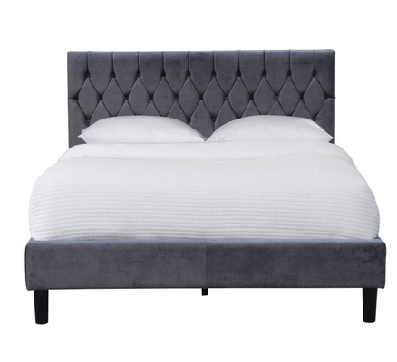 Tissu de velours gris foncé tapissé cadre de lit taille reine avec boutons sur la tête
