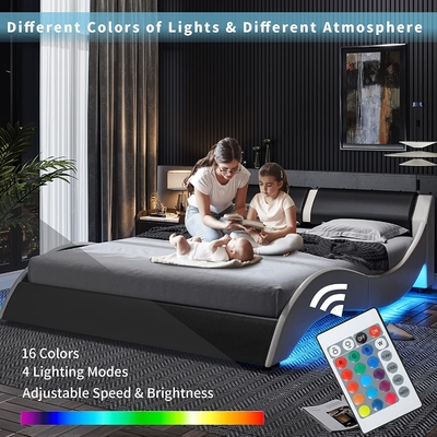 Lit rembourrée avec plafond en cuir en PU, cadre de lit en PU avec lumières LED
