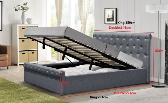 Certification de Grey Linen Ottoman Bed BSCI de taille de lit de Diamond Buttons Gas Lift Storage double