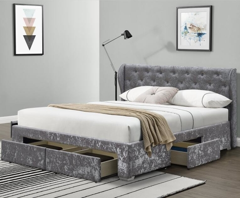 Le lit tufté de stockage de tissu a écrasé la taille argentée de double d'OEM de tiroir d'Ottoman de velours tapissé