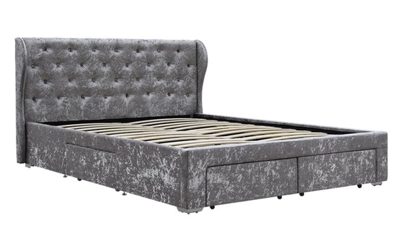 Le lit tufté de stockage de tissu a écrasé la taille argentée de double d'OEM de tiroir d'Ottoman de velours tapissé