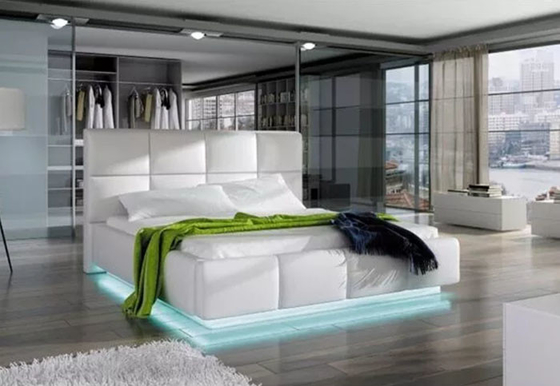 Cuir blanc européen moderne de Faux de lit de plate-forme de stockage de luxe avec la lumière 180*200cm de LED