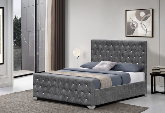 Style élevé de tête de lit de boutons luxueux de cadre de Crystal Tufted Velvet Upholstered Bed