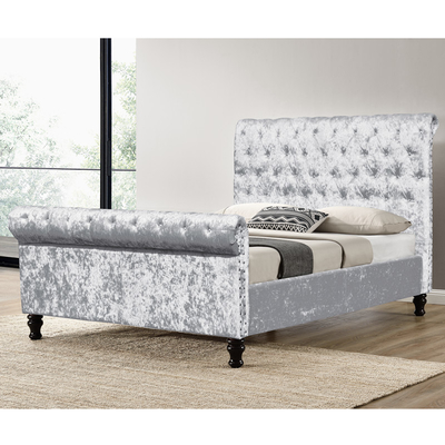 Lit tapissé noir argenté Diamond Buttons King Size de tissu de velours écrasé par cadre de lit
