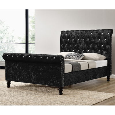 Lit tapissé noir argenté Diamond Buttons King Size de tissu de velours écrasé par cadre de lit
