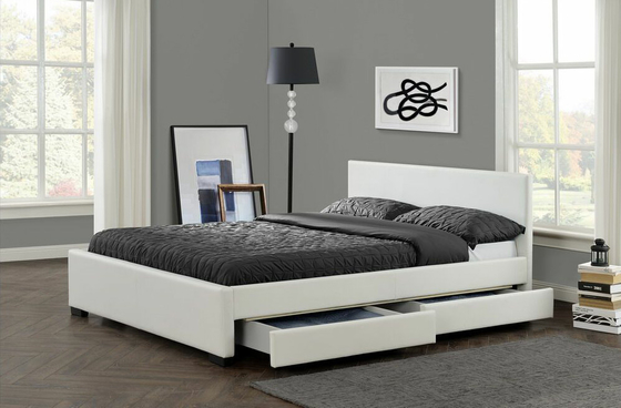 Cadre tapissé en cuir de lit de stockage de plate-forme de Faux blanc avec la LED