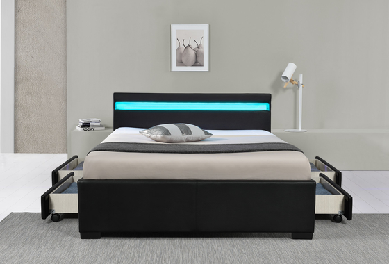 Cadre tapissé en cuir de lit de stockage de plate-forme de Faux blanc avec la LED