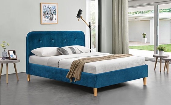 Tête de lit de grand lit tapissée par tissu bleu du cadre BSCI de lit de contreplaqué de velours