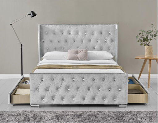 Le Roi Size Wood Sliver Grey Crushed Velvet With Headboard de lit de Wing Back Ottoman Tufted Storage
