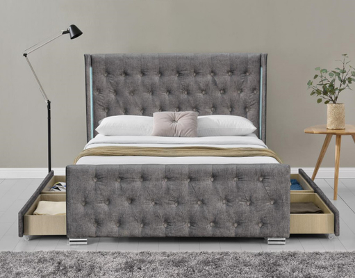 Le Roi Size Wood Sliver Grey Crushed Velvet With Headboard de lit de Wing Back Ottoman Tufted Storage