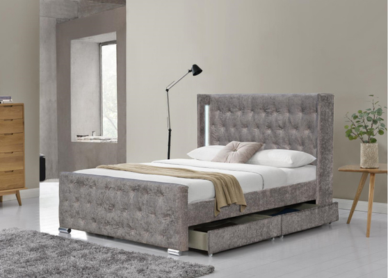 Le Roi Size Wood Sliver Grey Crushed Velvet With Headboard de lit de Wing Back Ottoman Tufted Storage