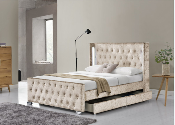 Le Roi Size Wood Sliver Grey Crushed Velvet With Headboard de lit de Wing Back Ottoman Tufted Storage