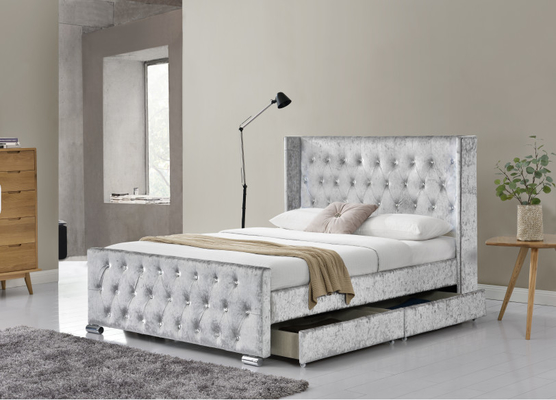 Le Roi Size Wood Sliver Grey Crushed Velvet With Headboard de lit de Wing Back Ottoman Tufted Storage